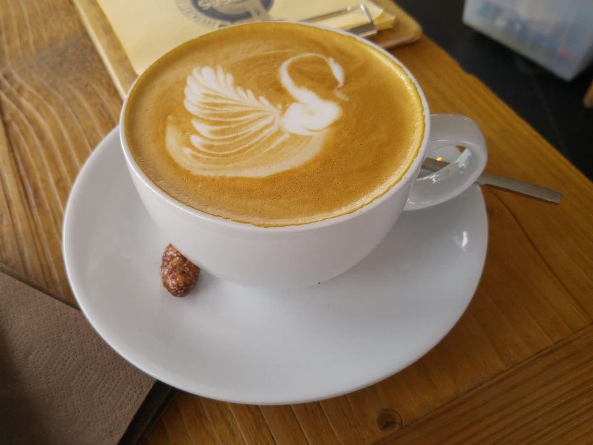 Taza blanca con latte art de cisne sobre mesa de madera
