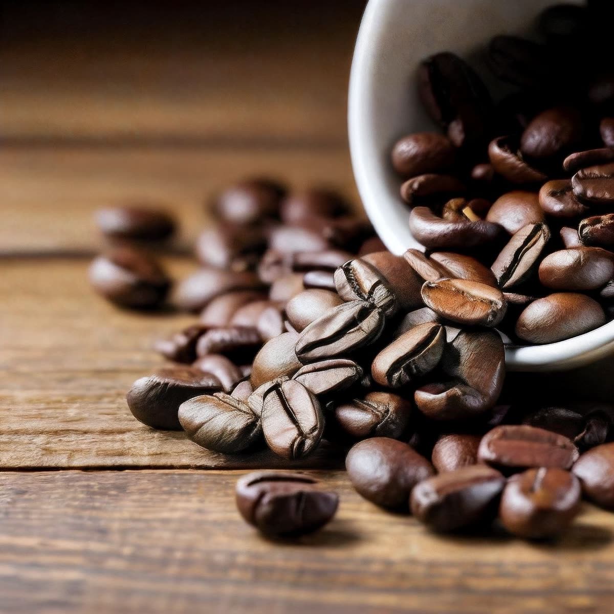 Taza blanca volcada con granos de café sobre madera